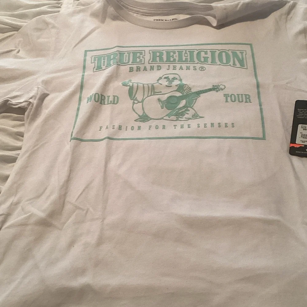 True Religion Cream Tee with Mint Green Logo
